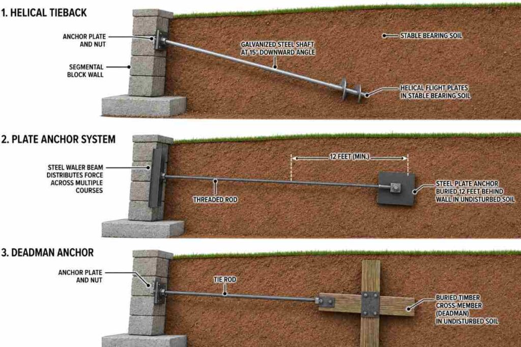 Three-panel diagram showing helical tieback, plate anchor, and deadman anchor installation geometries in a retaining wall cross-section