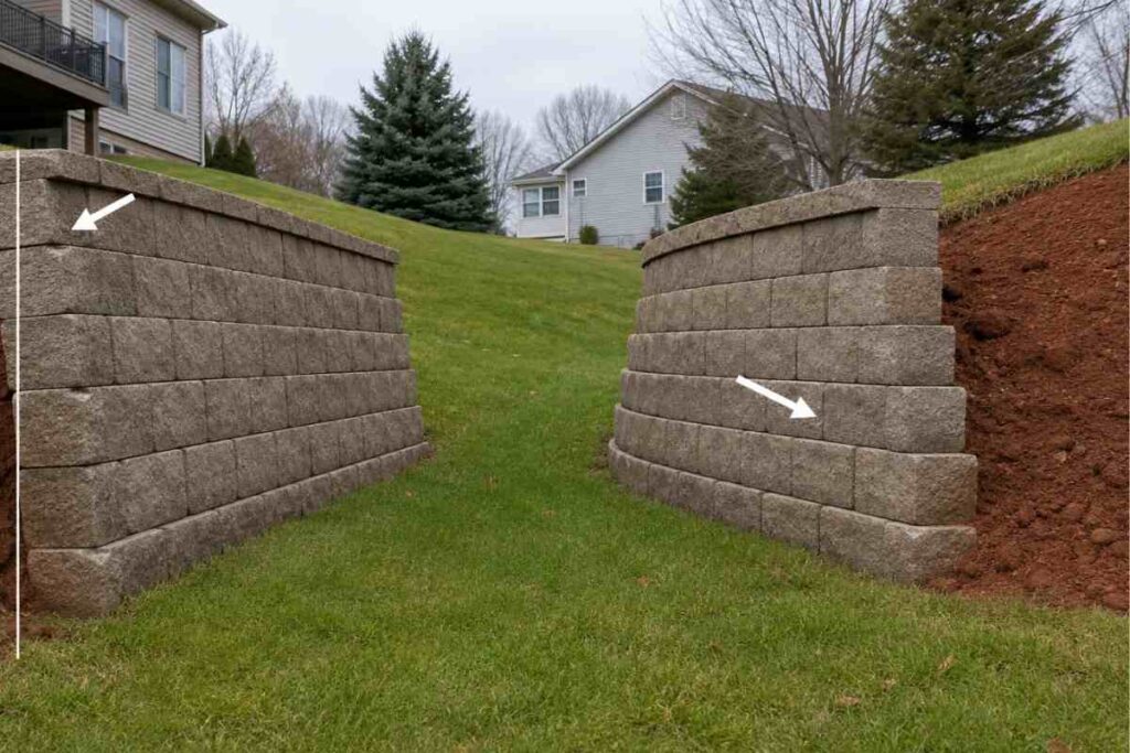 Side-by-side comparison of a retaining wall leaning from the top versus one bowing outward at mid-height