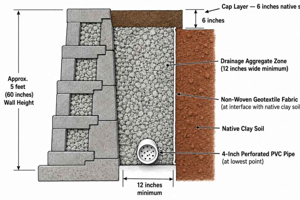 Annotated cross-section showing 12-inch drainage aggregate zone behind retaining wall blocks with 6-inch native soil cap layer, geotextile fabric, and perforated pipe at base