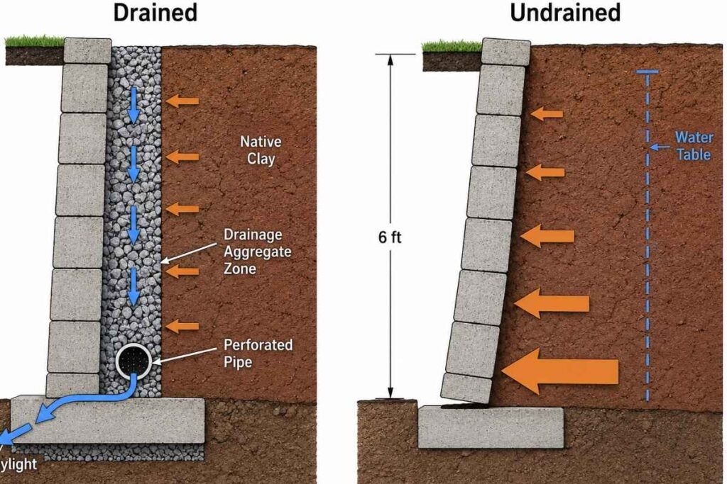 Cross-section diagram comparing lateral pressure on a drained retaining wall with aggregate and pipe versus an undrained wall with saturated clay causing increased base pressure and rotation