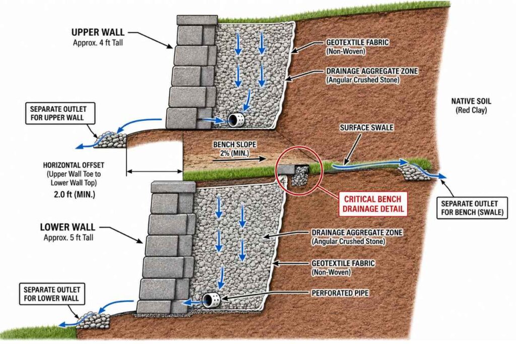 Cross-section of two-tier retaining wall system showing independent drainage aggregate zones, perforated pipes, and graded inter-tier bench directing water away from the lower wall