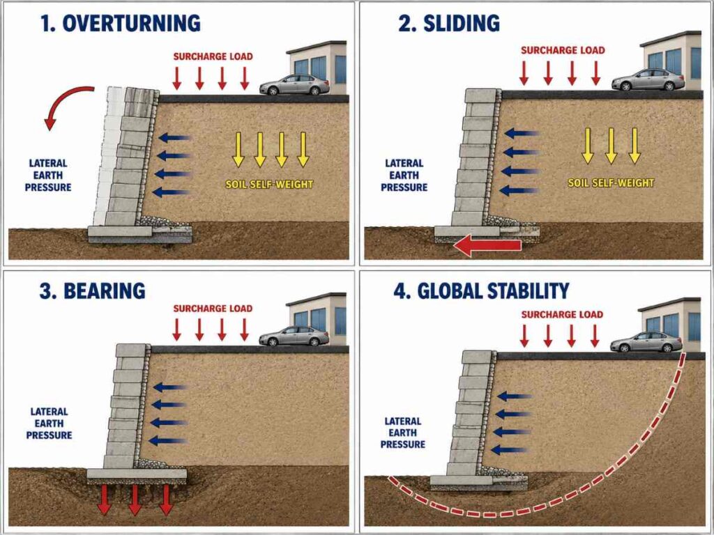 Four-panel diagram showing overturning, sliding, bearing failure, and global stability slip surface on a retaining wall.
