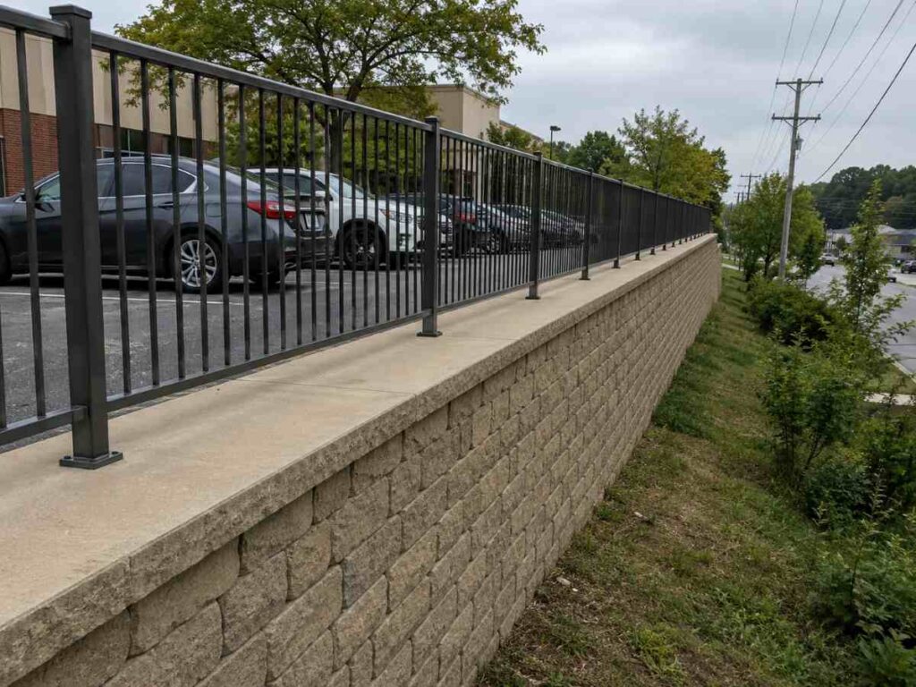 Commercial retaining wall over four feet with a tall guard rail and closely spaced balusters lining a sidewalk above the drop