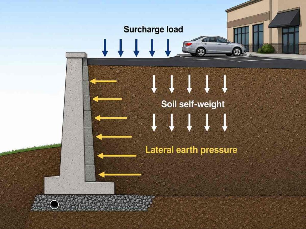 Cross-section showing soil weight, lateral earth pressure, and surcharge from parking and buildings pushing against a retaining wall face.