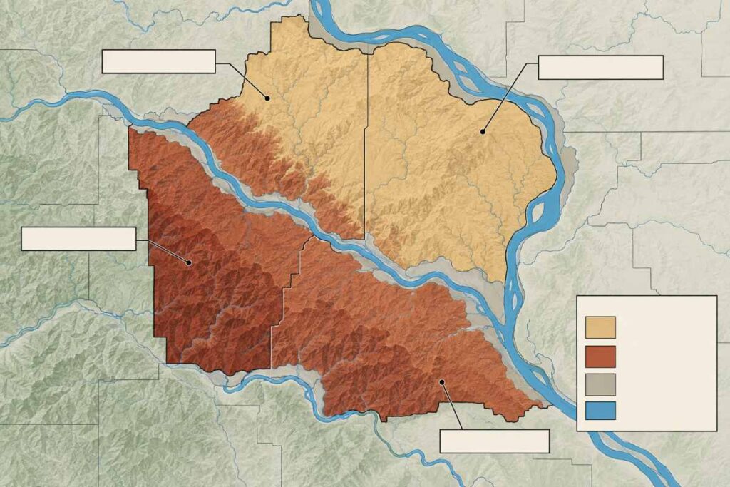 Metro map shading St. Louis County loess uplands shifting to Ozark-border cherty residuum in Jefferson and Franklin.