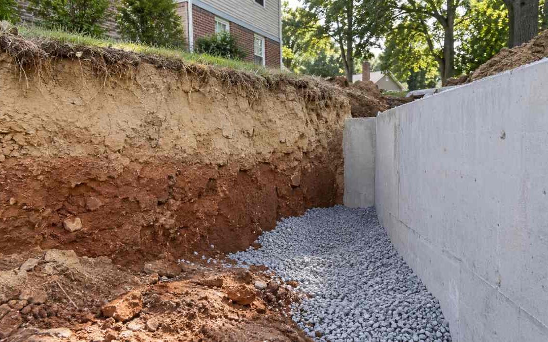 Excavated retaining wall footing exposing layered St. Louis soil, pale silt over reddish clay, with gravel backfill against the wall stem.