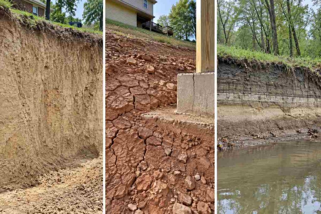 Three-panel comparison: steep pale loess cut, cracked reddish clay with a fractured footing, and layered alluvium bank with a high-water line.