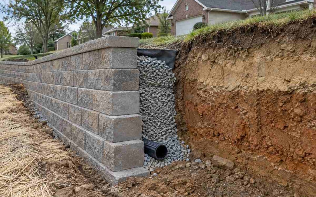 Engineered segmental retaining wall on a St. Louis hillside with the cut soil profile exposed beside the footing.