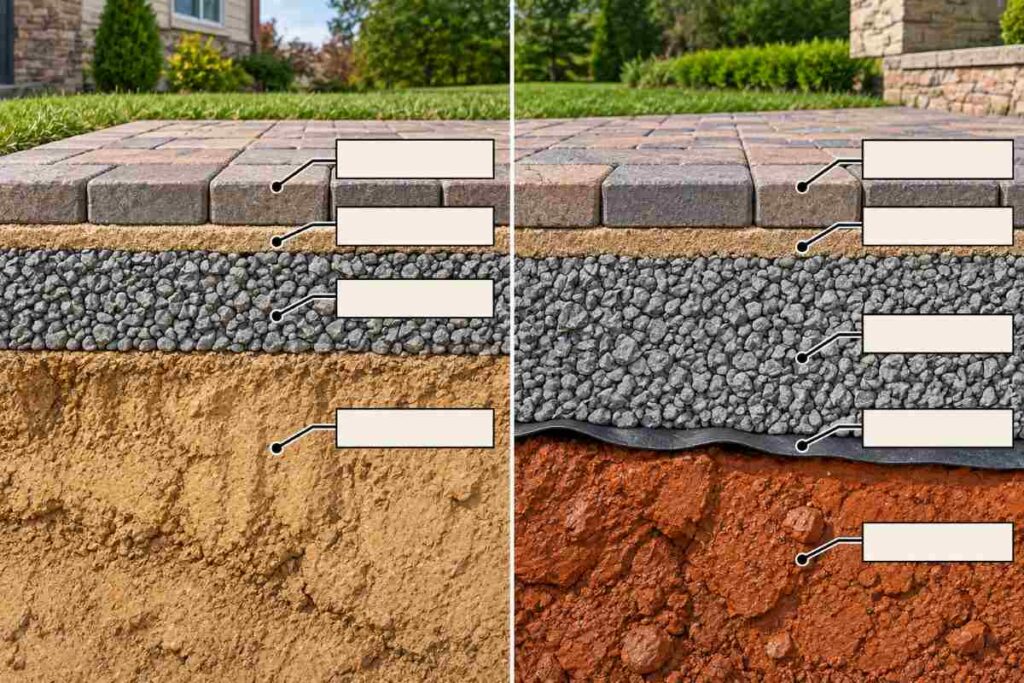 Side-by-side paver subgrades: standard aggregate base on loess versus deeper base with geotextile on clay.