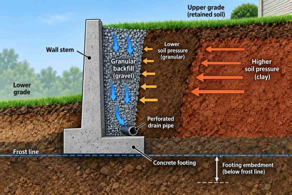 Retaining wall cross-section with lateral pressure arrows, gravel backfill draining to a base pipe, and marked frost line and footing depth.