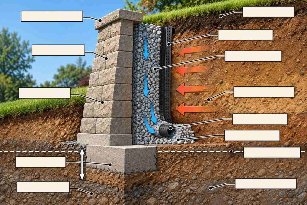 Retaining wall cutaway showing footing below the 30-inch frost line, gravel drainage, and soil bearing.