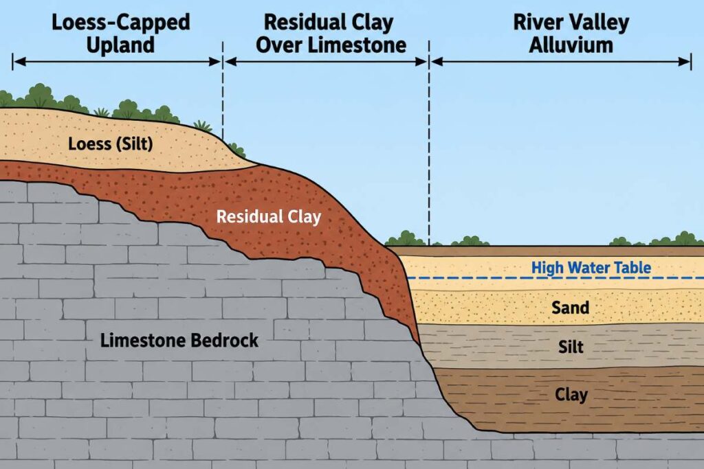 Landscape cross-section showing loess-capped ridgetop, residual clay over limestone mid-slope, and deep alluvium in the river valley below.