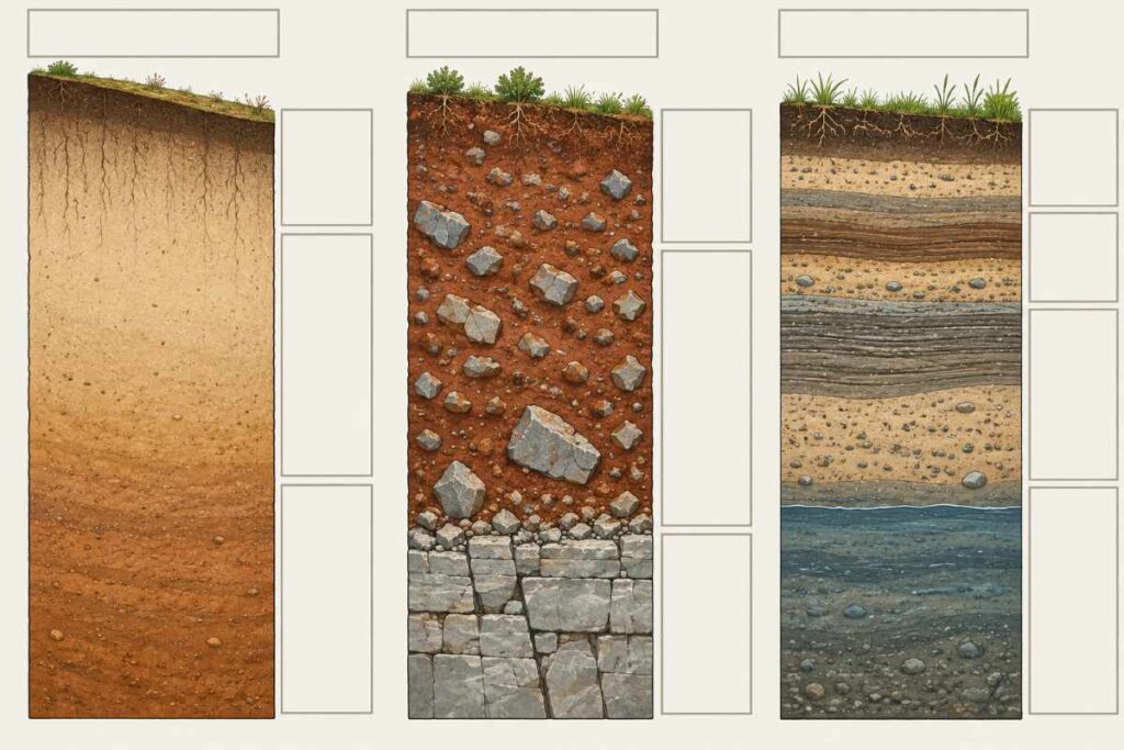 Three St. Louis metro soil profiles compared: deep loess, cherty clay over dolomite, and stratified alluvium.