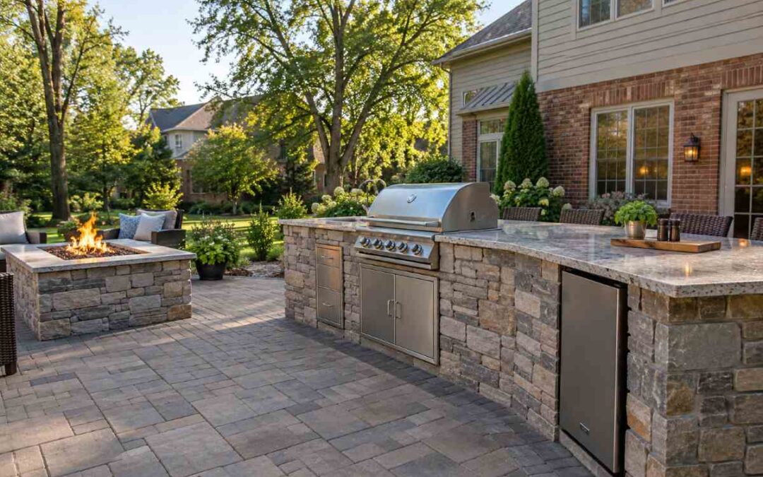 Completed built-in outdoor kitchen with a stainless gas grill, stone counter, and fire feature on a residential paver patio.