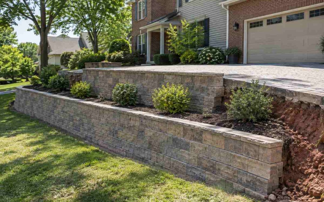 Tiered segmental retaining wall on a St. Louis suburban slope with a paver driveway along the top edge applying surcharge load.