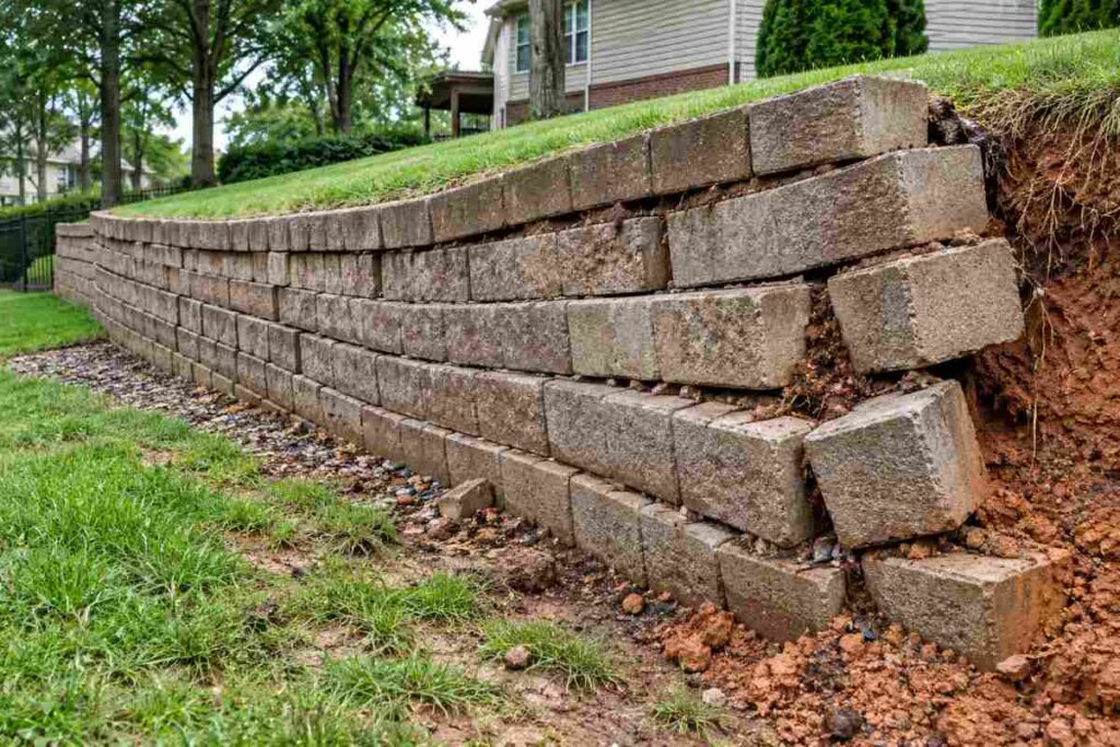 Residential block retaining wall bulging forward with separated courses and soil pushing through, a structural failure condition.