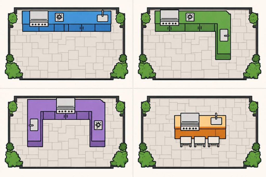 Overhead comparison of straight-run, L-shape, U-shape, and island outdoor kitchen layouts on a patio.