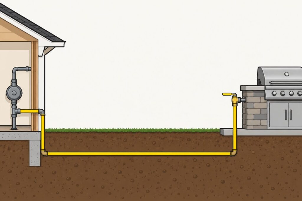 Side-view diagram of a gas line running from a home’s gas system underground to a built-in outdoor grill with a shutoff.