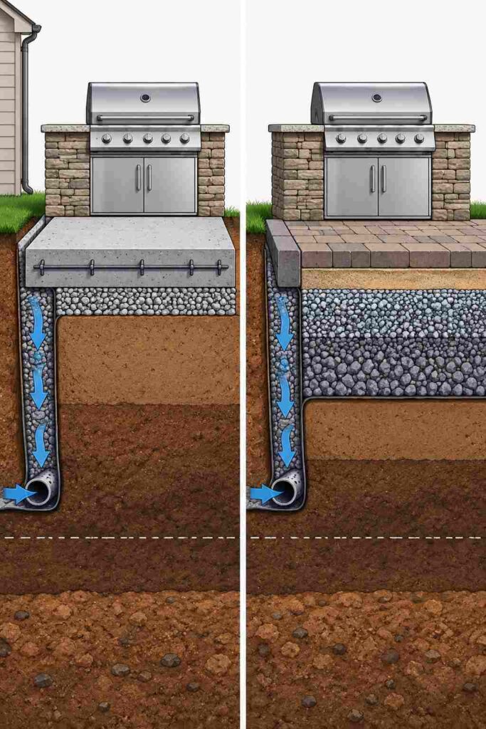 Cross-section of a concrete slab base and an engineered paver base under an outdoor kitchen, showing layers and frost line.