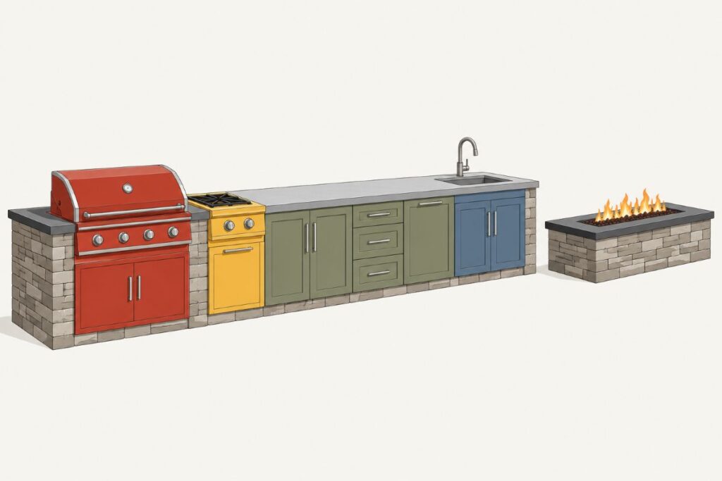 Diagram of a built outdoor kitchen showing grill, side burner, counter, cabinetry, sink, and fire feature in a row.