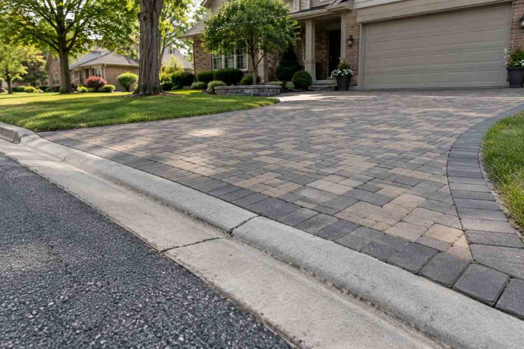 Residential paver driveway transitioning to an asphalt street at the curb, showing the right-of-way apron zone.