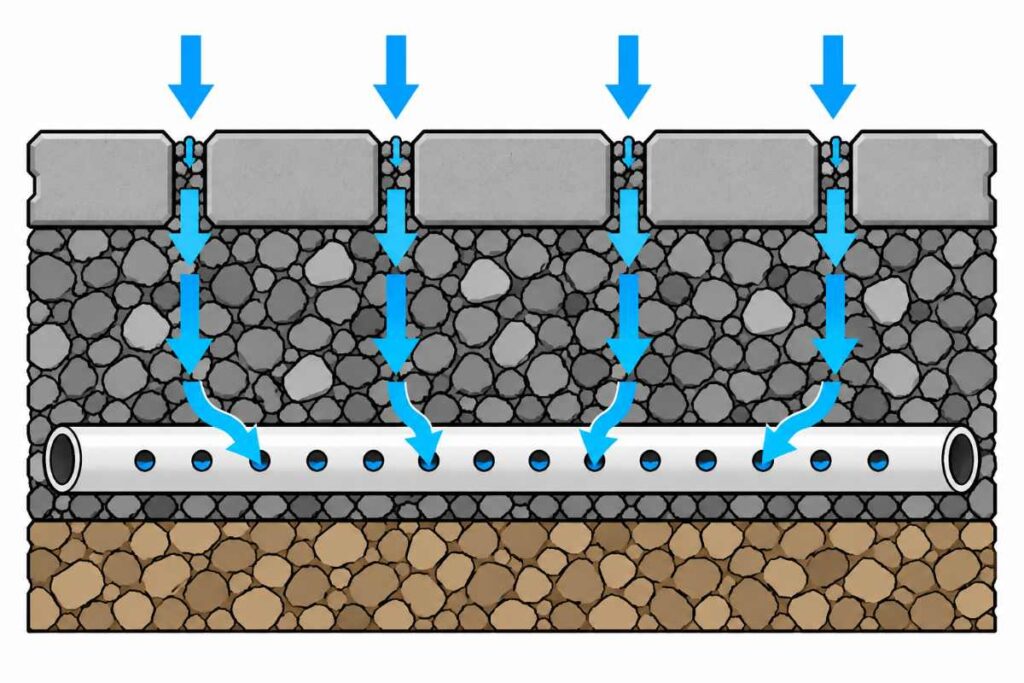 Cross-section of permeable pavers over an open-graded stone reservoir with a perforated underdrain pipe carrying overflow.