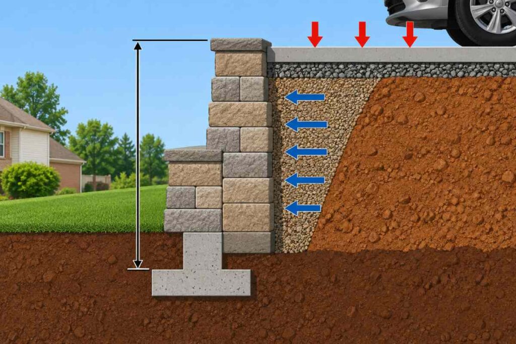 Cross-section showing a retaining wall measured from footing bottom to top, with a driveway surcharge loading the wall from above.